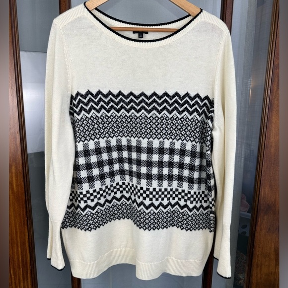 Talbots Sweater Woman 2X Cream Black Fair Isle Wool Nordic Shimmer Holiday - Picture 1 of 7